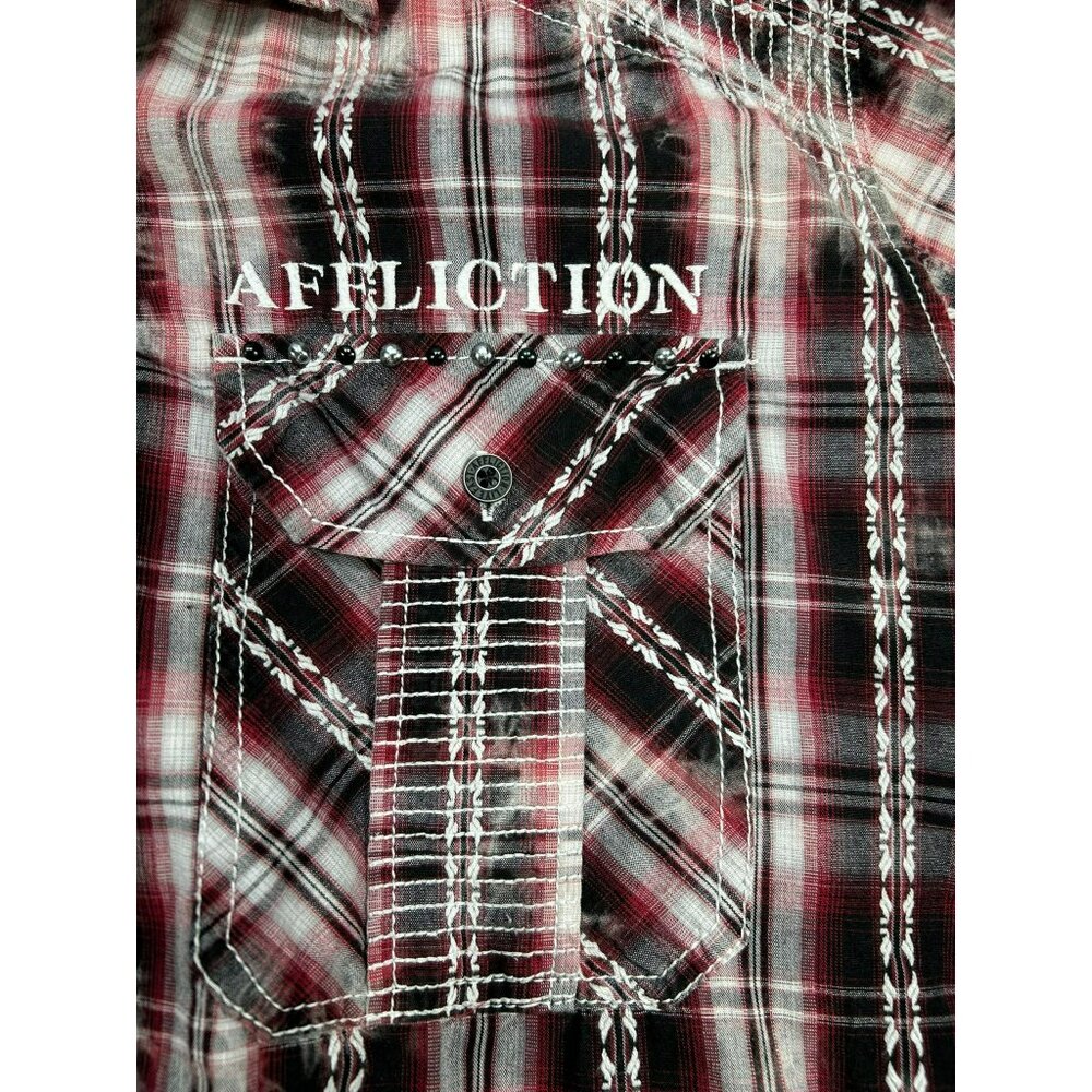 Affliction Men's XL Red/Black Plaid Button-Up Shirt Embroidered Design Studs - Picture 2 of 5